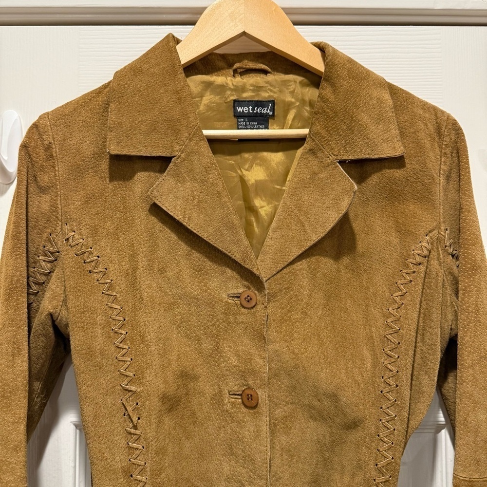 Vtg Y2K Wet Seal Leather Jacket Women’s Sz L Brown Suede Fringe Boho Western 70s - Picture 3 of 11